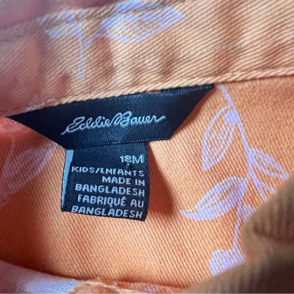 Eddie Bauer Girls Orange Papaya Short Sleeve Button Front Tie Waisted Set Sz 18M